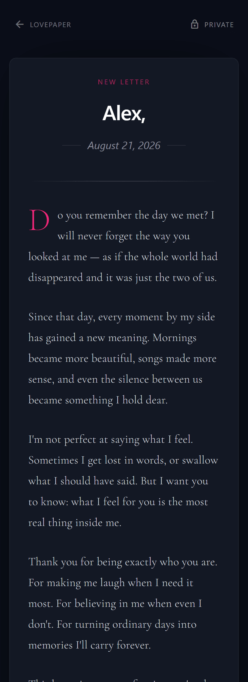 An example of a letter created on LovePaper