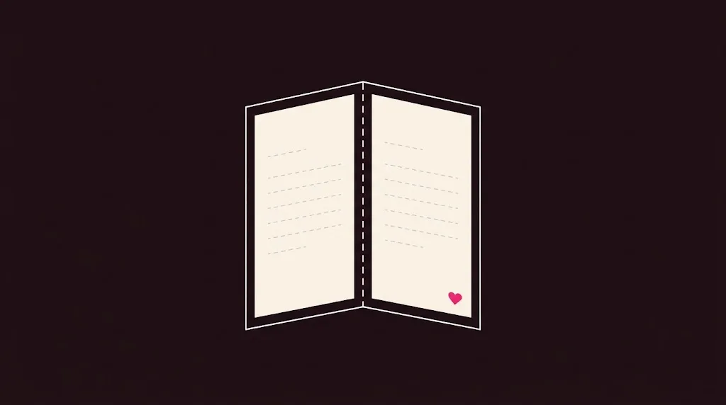 Line drawing of an open card with a few written lines and a small pink heart