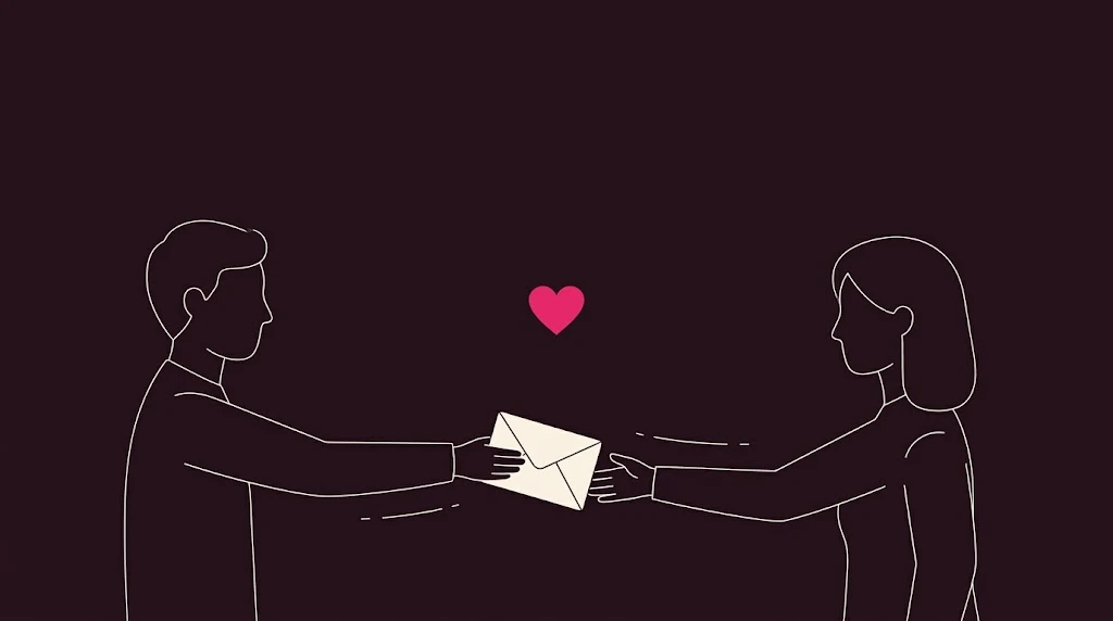Line drawing of two people, one handing the other a small cream envelope, with a pink heart between their hands