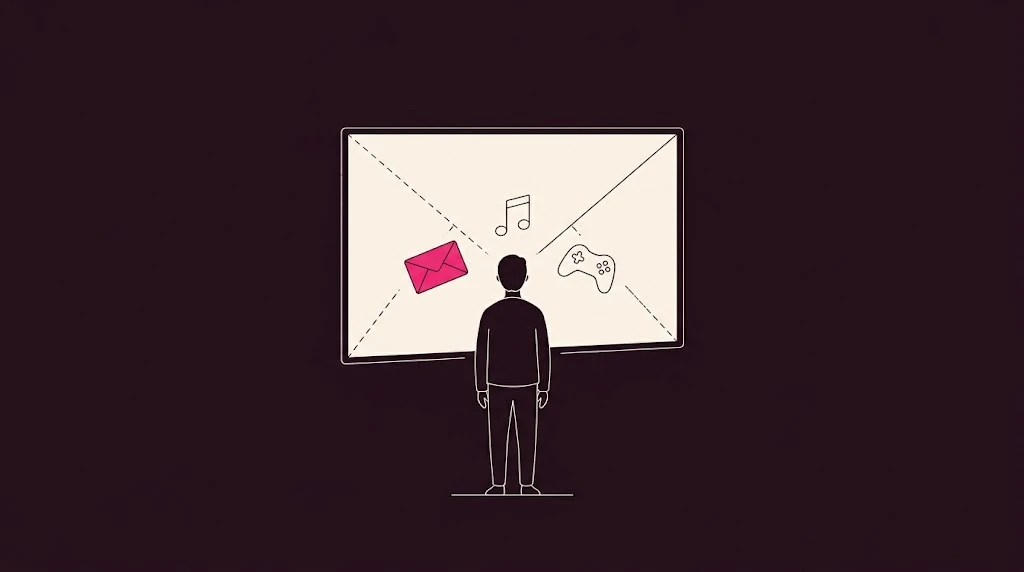 Line drawing of a person seen from behind, choosing between a letter, a song and a game floating on a screen in front of them