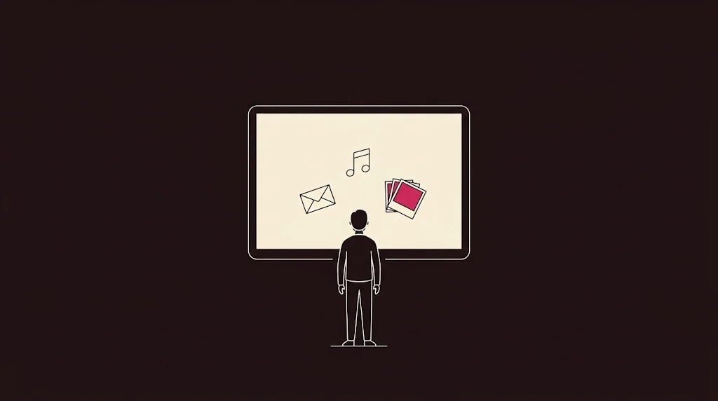 Line drawing of a person choosing between a letter, a song and a photo album floating in front of them