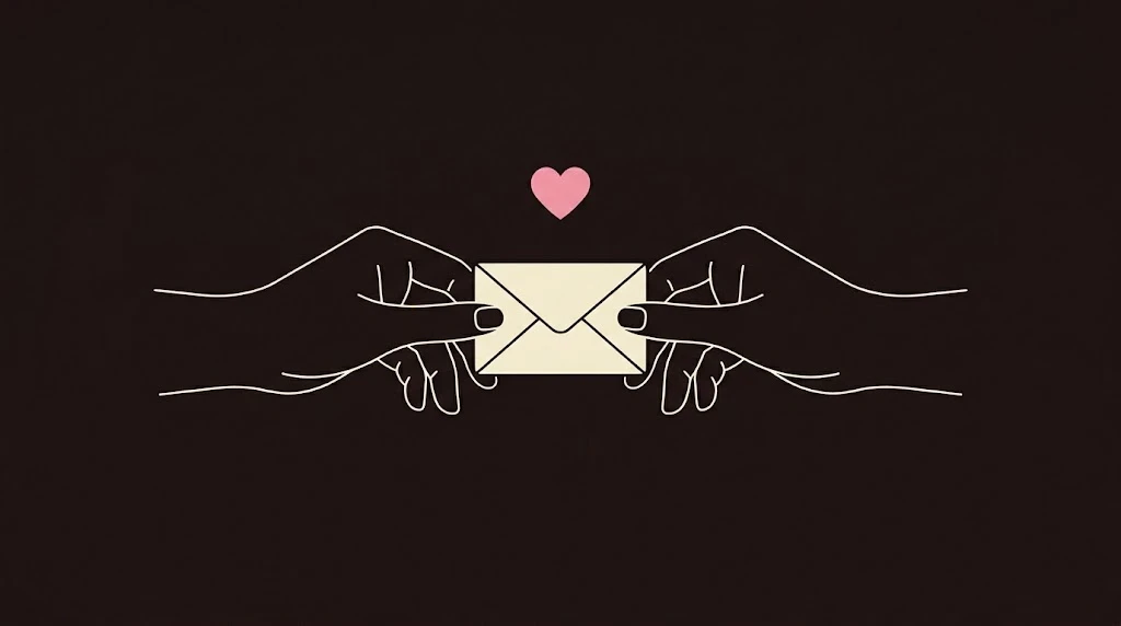 Line drawing of two hands passing a small cream envelope, with a pink heart between them